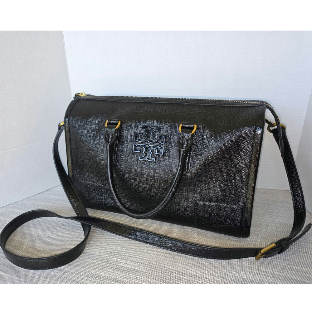Black Textured Patent Leather Tory Burch Britten Satchel Brass Hardware T Logo